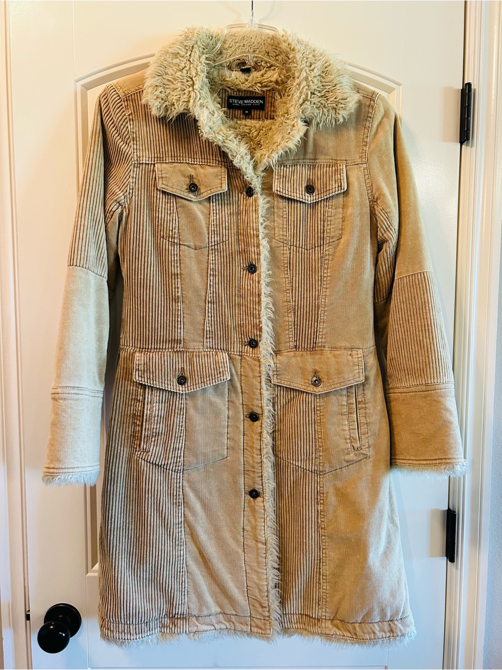 Steve Madden Tan Corduroy Faux-Shearling Trench Coat